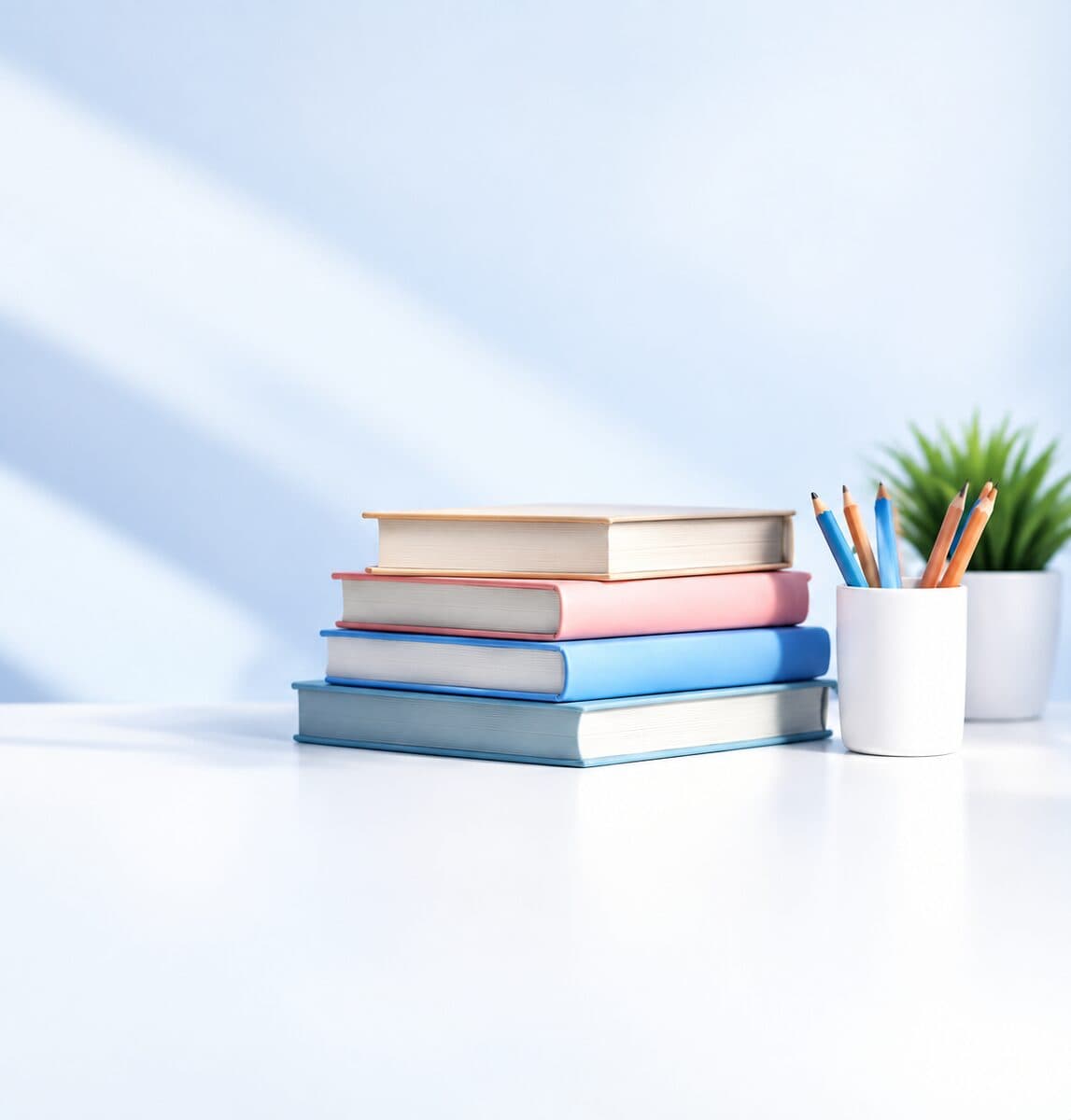 A stack of books beside a cup of pencils on a bright desk