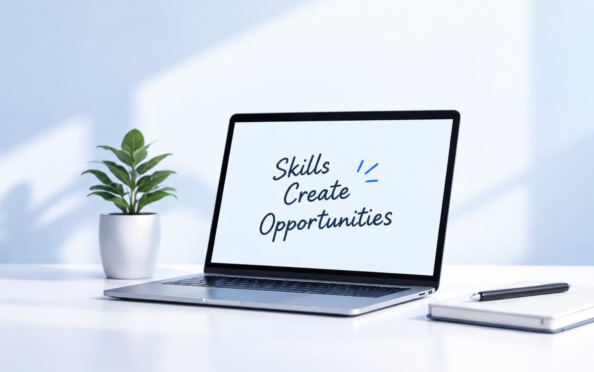 A laptop on a desk showing the words Skills Create Opportunities