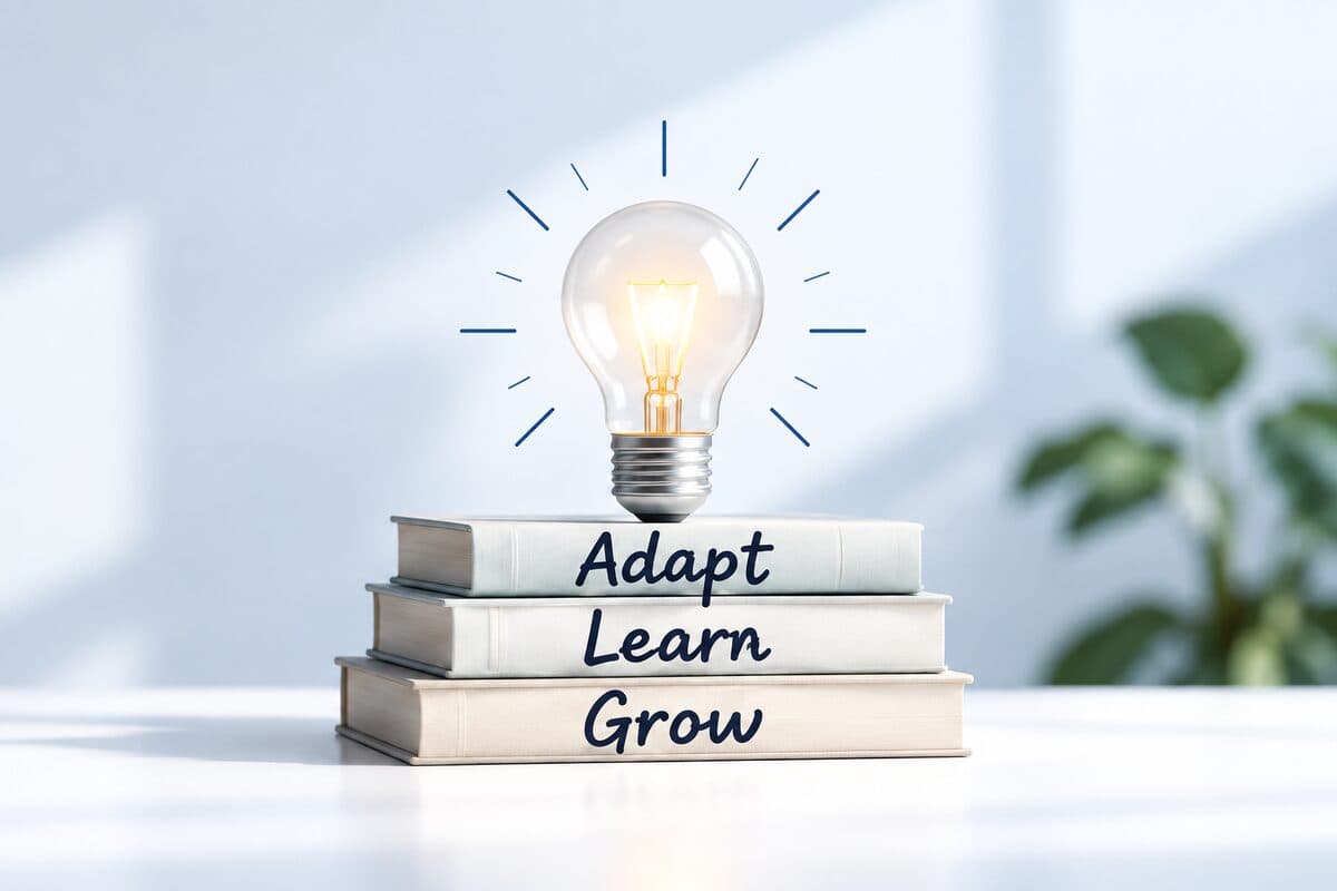 A glowing light bulb above a stack of books labelled Adapt, Learn, Grow